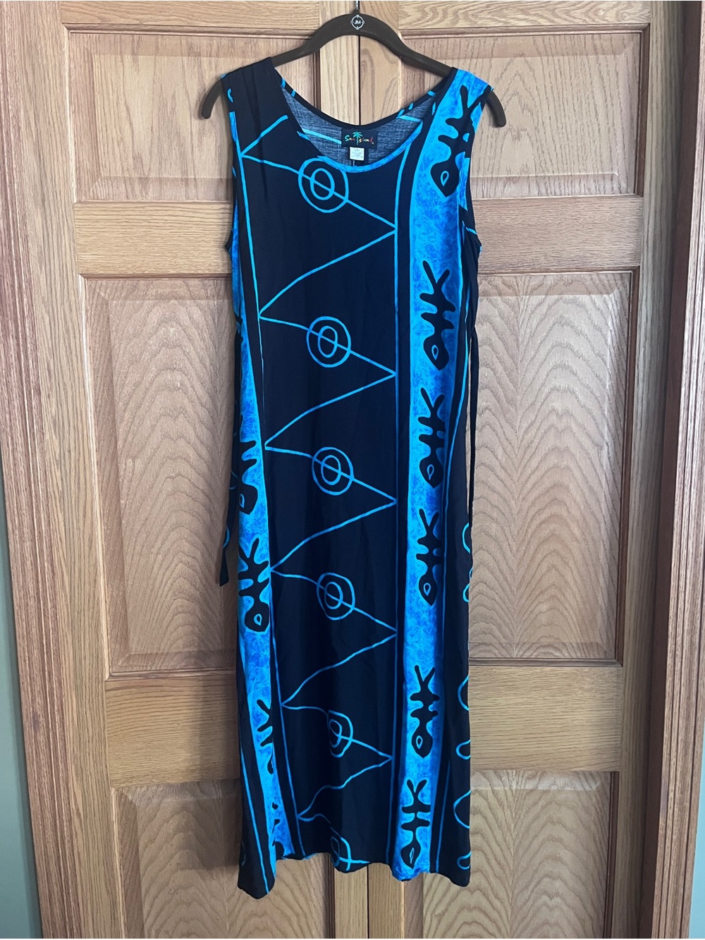 Sleeveless‎ Black Maxi Dress with Bright Blue Geometric Panels